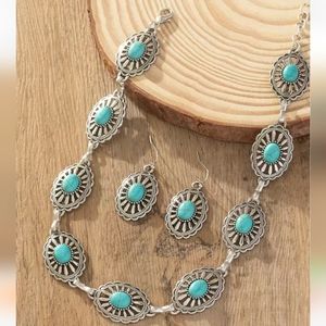 Turquoise color concho 15-18" necklace and matching earrings.  Black available
